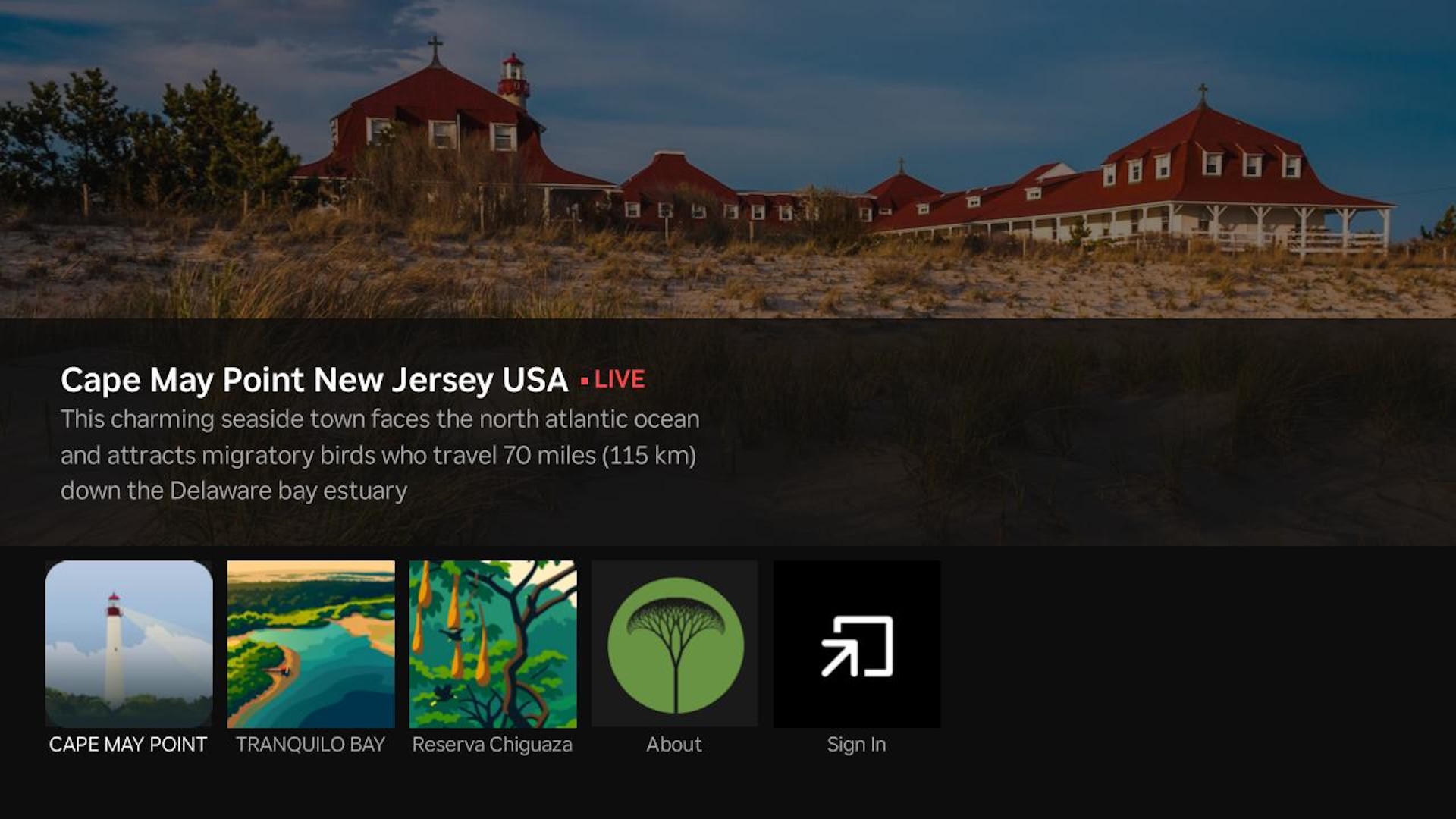 Terra Listens on Roku - Station browser with Cape May Point and curated sites